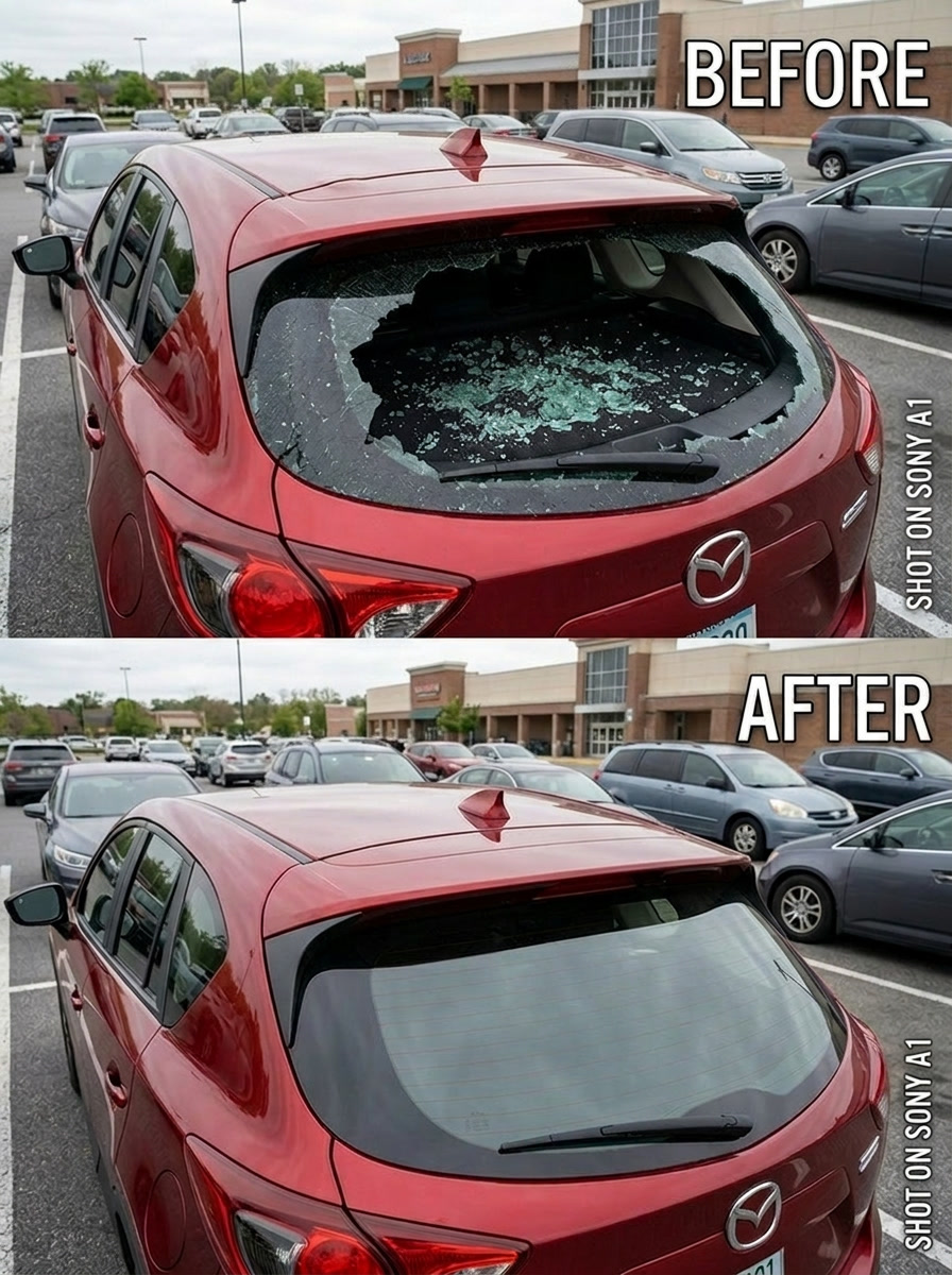 Before and after rear windshield replacement on a Mazda by Elliot's Auto Glass in Westmount Montreal
