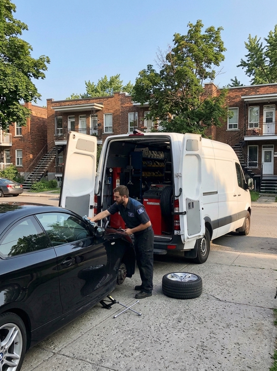 Elliot of Elliot's Auto Glass with mobile service van repairing a car in Westmount Montreal